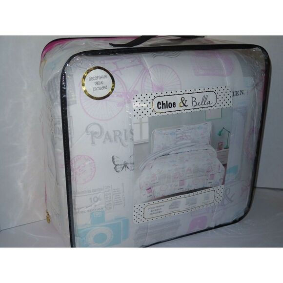Chloe & Bella TWIN 3 Piece Comforter Set Paris Eiffel Tower Bicycle Pink Blue - Picture 3 of 12